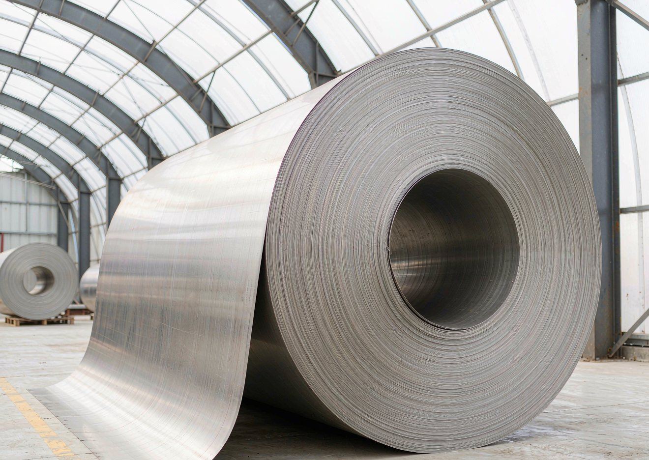 Rolled stainless steel coil in a bright warehouse