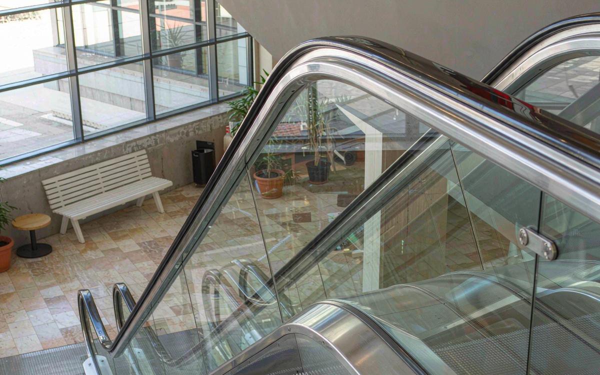 Escalator with brushed stainless balustrade panels