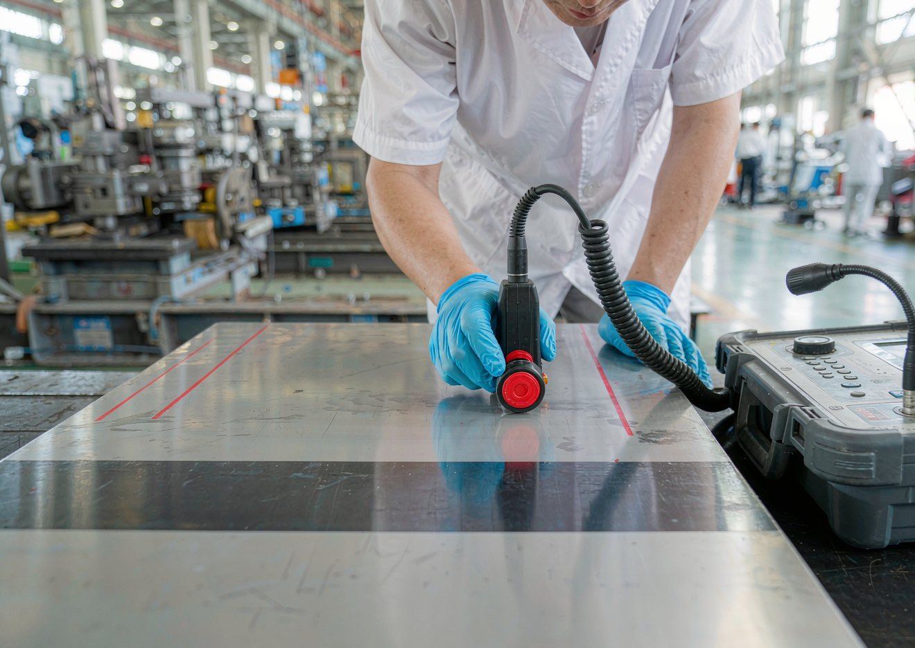 Technician performing ultrasonic bond testing on a clad plate